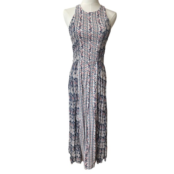 Paisley Cottagecore Prairie Romantic Shirring Maxi Dress Fairy Sz L Razorback - Picture 2 of 7